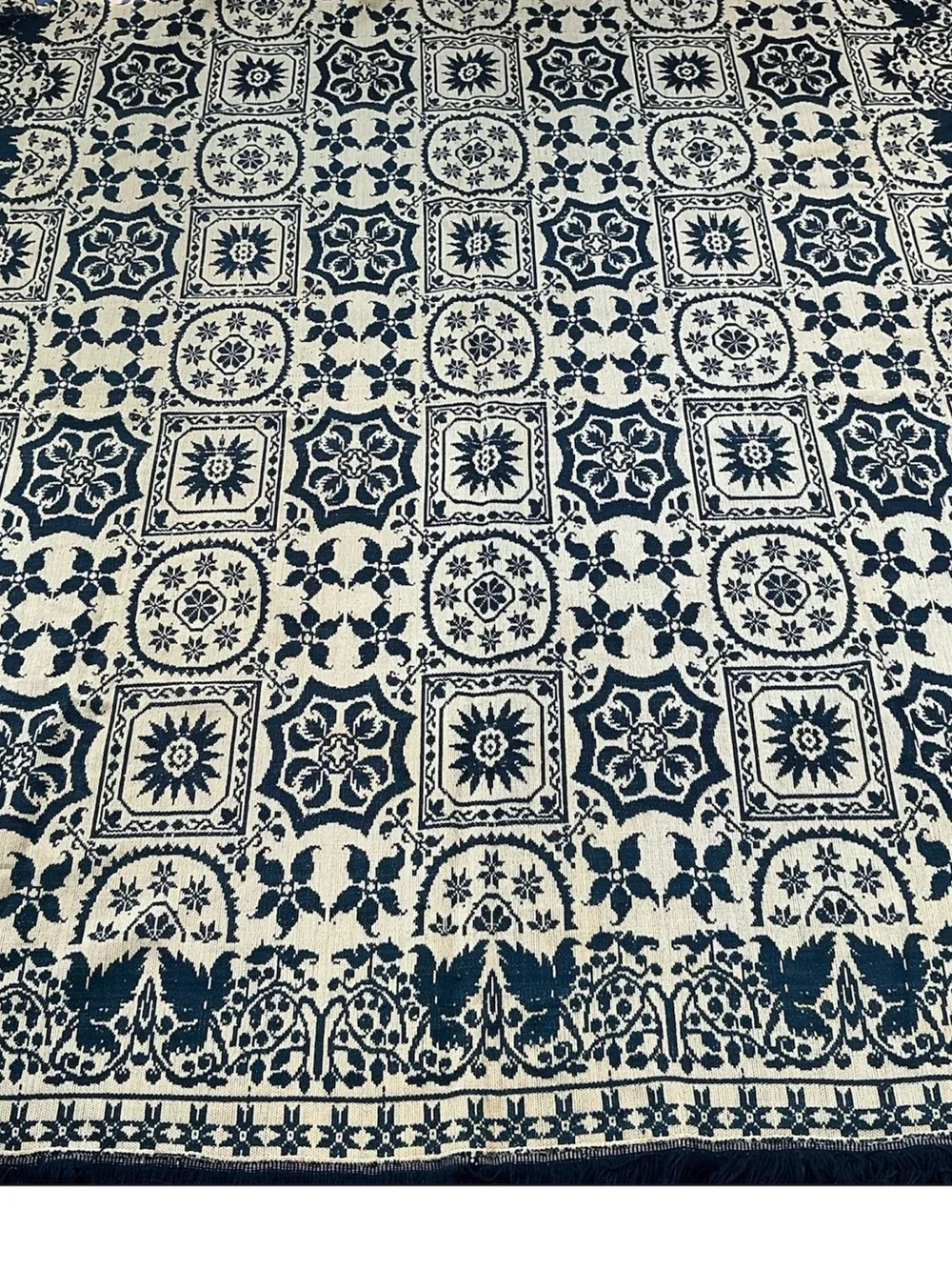 Antique Joseph Schnee 1800s woven reversible sunburst coverlet 78 x 86 USA made